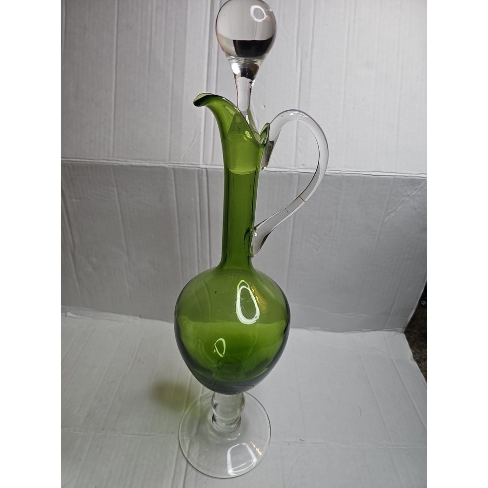Green Art Glass Decanter Bottle with Stopper Hand Blown Style Vintage 17.5 inch - Picture 2 of 11
